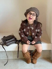 DAZY Cardigan Longgar Gaya Korea Motif Bunga Blok Warna untuk Balita Perempuan, Musim Gugur/Dingin - Coffee Brown - View 1