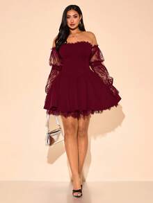 SHEIN BAE Váy ngắn ren lãng mạn thanh lịch cỡ lớn dành cho nữ, váy ngắn chắp vá ren thích hợp cho ngày lễ tình nhân, đêm hẹn hò, cuộc sống về đêm, váy kiểu Pháp, váy dạ hội, tiệc sinh nhật, váy phù dâu, váy hàng ngày đơn giản duyên dáng, váy cưới, váy dự tiệc trang trọng, váy gợi cảm đi biển, trang phục mùa hè cho phụ nữ, trang phục ngày lễ, váy ngắn lưới - Màu Đỏ Sâu - Xem 4