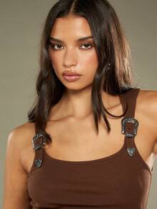 MISSGUIDED Áo ba lỗ dây khóa kiểu phương Tây với vải gân cho mùa hè thường ngày - Cà phê nâu - Xem 6