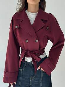 Aloruh Minimalist Commuter Brown Cinched Waist Waist Cropped Khaki Women Trench Coat, Suitable For Autumn - Coffee Brown - View 7