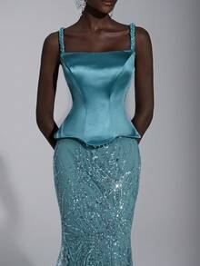 Elitara Elegant Luxurious Off Shoulder Linen Rope Sleeve Elastic Satin Patchwork Beaded Sequin Floral Mermaid Dress, Suitable For Wedding, Party, Vacation, Prom, Evening Gown (Heavy Embellished) - Blue - View 5