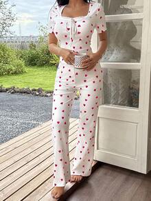 SHEIN 女士休闲心形印花方领紧身上衣和喇叭裤睡衣套装可爱休闲套装夏季休闲套装女士女士休闲套装心形睡衣套装女士睡衣套装女士休闲套装 - 彩色 - 查看 4