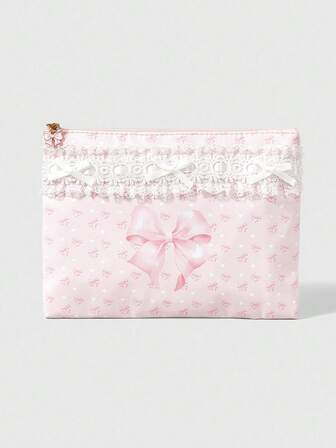 Kawaii حقيبة مكياج ذات وظيفة تخزين مع نمط الفيونكة الدانتيل المنتشر بالكامل 401422