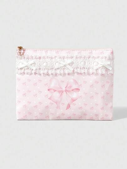 Kawaii Fashionable Bowknot Lace All-Over Bow Pattern Makeup Bag With Storage Function 401422