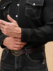 Manfinity Nomadique Men's Solid Front Button-Down Casual Long-Sleeved Shirt, For Fall - Black - View 6