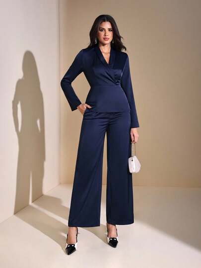 JIAN LASALA 纯色藏蓝色缎面直筒优雅长裤 女士春秋季休闲裤套装 女士裤装 新年装 婚礼宾客 奢华时尚服装系列 单身派对 舞会服装