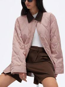 厚尼龙和灯芯绒领钻石绗缝加厚工作服夹克 - 粉色 - 查看 1