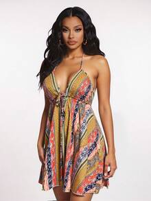 SHEIN SXY Women's Loose Halter Backless Asymmetrical Hem Floral Print Mini Dress, Suitable For Dating, Outing, Vacation, Spring/Summer - Multicolor - View 2