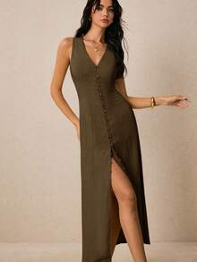 Poéselle Váy suông cổ chữ V không tay màu trơn đơn giản dành cho nữ - màu nâu - Xem 4