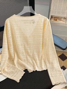 GlowEve CURVE Plus Size Women Casual V-Neck Single-Breasted Hollow Out Yellow Cardigan, Autumn Winter Fall - Apricot - View 2