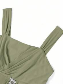 Ellevyn Plus Size Women's Solid Color 3/4 Sleeve Open Front Jacket And Rhinestone Decor Pleated Thick Strap Dress Elegant Set - Olive Green - View 9