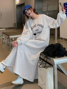 Livesso Casual Loose Long Sleeve Round Neck Women Long Dress - Grey - View 1