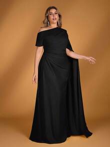 SHEIN Belle Plus Size Elegant Romantic Yellow Asymmetric-Shoulder Asymmetric Sleeve Ruffle Mermaid Hem Long Sleeve Dress, Suitable For Evening Party, Date, Vacation, Ball, Wedding, Bridesmaid