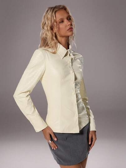 TRNVIE 1pc Apricot Crocodile Embossed Lapel Waist Cinched Casual Lightweight Jacket For Women, Autumn/Winter