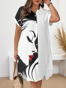 EMERY ROSE Robe chemise grande taille à manches courtes avec col boutonné, colorblocking, portrait de lèvres rouges et vue de côté, pour l'été