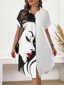 EMERY ROSE Robe chemise grande taille à manches courtes avec col boutonné, colorblocking, portrait de lèvres rouges et vue de côté, pour l'été