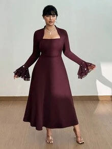 Viva Relle Plus Size Elegant Organza Pearl Knitted A-Line Long Dress, Autumn/Winter - Burgundy - View 6