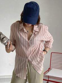 DAZY 女式宽松常规条纹领衬衫，春夏秋季上衣长袖上衣 - 粉色 - 查看 6