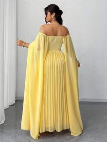 Elenzga Plus Size Women's Elegant Off-Shoulder Ruffle Chiffon Maxi Dress, Suitable For Party, Wedding Guest, Spring/Autumn/Winter - Yellow - View 2