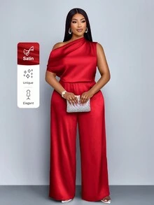 SOLERSUN 大码女装时尚，纯色，优雅，日常旅行，宽松休闲，简约缎面露肩不对称领口，肩部褶裥，短袖，阔腿连体裤。适合派对、音乐会、四季皆宜，圣帕特里克节、复活节等场合。 - 紅色 - 查看 1