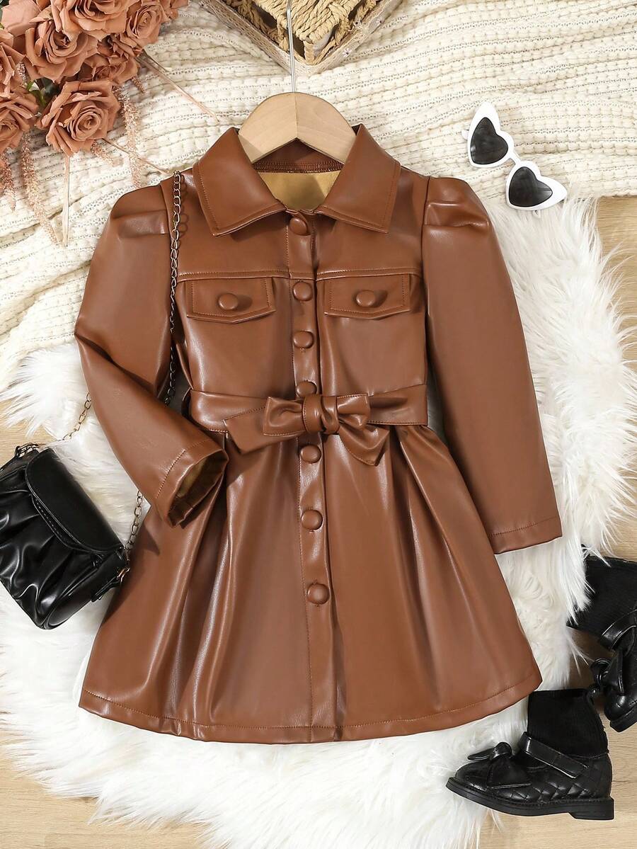 SHEIN Elladie kids Young Girls Casual Fashion Leather Single-Breasted Jacket Fall Winter - Brown - View 1
