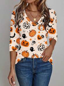 EMERY ROSE Damtröja med V-ringning och långärmad design, Halloween-motiv, höst/vår - Multifärgad - Visa 3