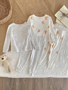 SHEIN 4pcs Newborn Baby Cute Bear Embroidery & All-Over Bear Print Long Sleeve Top And Pants Snug Fit Pajama Set Unisex Baby Clothes Baby Clothes Set Baby Bear Clothes Newborn Clothes Fall Winter