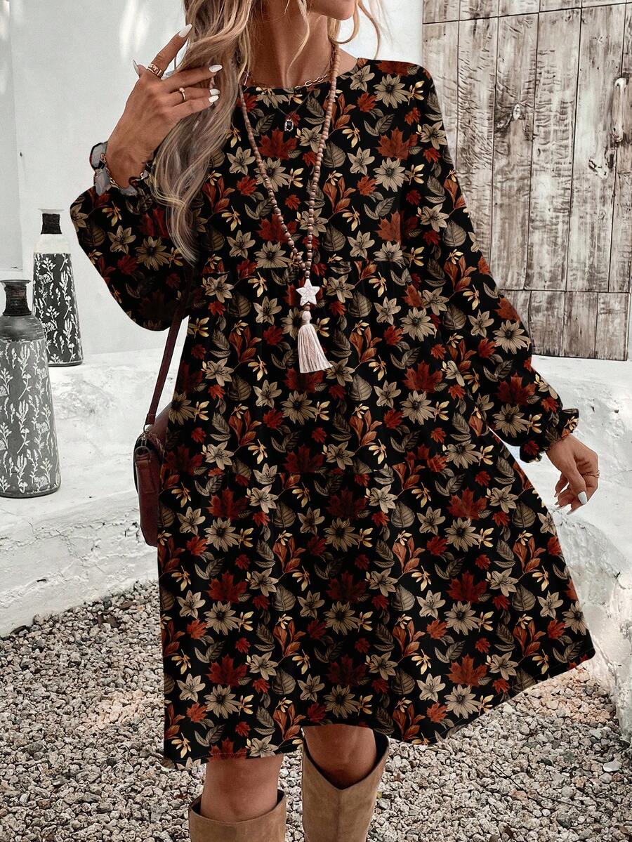 EMERY ROSE Vestido de mujer de largo medio con estampado de hojas en tonos otoñales, elegante y casual, adecuado para otoño/invierno - Multicolor - Ver 1