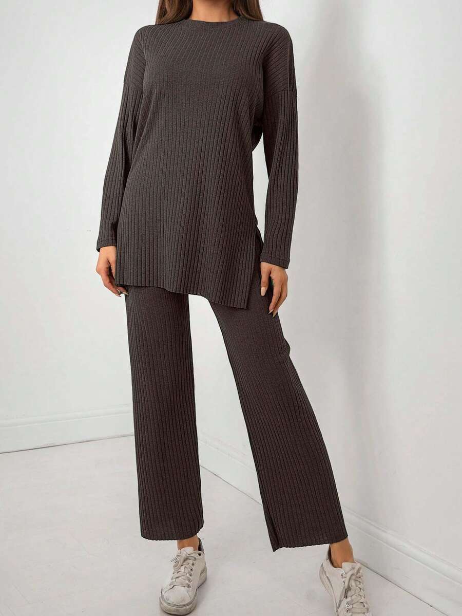 EURMUSE 2pcs Women Solid Color Round Neck Drop Shoulder Split Hem Long Sleeve Ribbed Top And Pants Set - Chocolate Brown - View 1