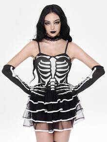 ROMWE Goth Cosplay Dark Skeleton Bone Mesh Suspender Mini Cake Dress For Women - Black - View 5