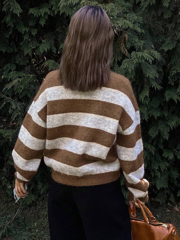 Contrast Stripe Loose Crew Neck Long Sleeve Cardigan With Horn Buttons, Casual Street Style For Women, Autumn/Winter