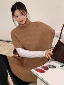 DAZY Suéter de punto suelto de cuello alto y manga corta, de unicolor, elegante y casual, para otoño/invierno - Café integral - Ver 6