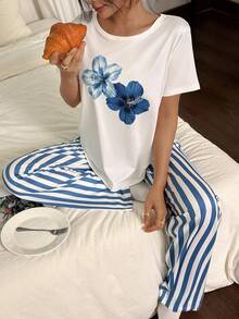 SHEIN 2 件女士花卉条纹印花休闲短袖睡衣套装女士条纹睡裤女士睡衣套装裤子女士夏季休闲套装花卉睡衣套装女士夏季睡衣套装 - 彩色 - 查看 7