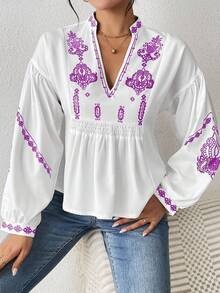 EMERY ROSE Women's Shirred Graphic Print Long Sleeve Button Shirt Peplum Top