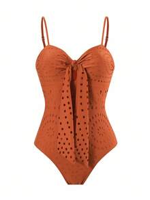 Swim Oasis V-Neck Caramel Brown Hollow Out One-Piece Swimsuit For Women - Brown - View 4