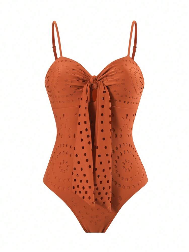 Swim Oasis V-Neck Caramel Brown Hollow Out One-Piece Swimsuit For Women - Brown - View 4