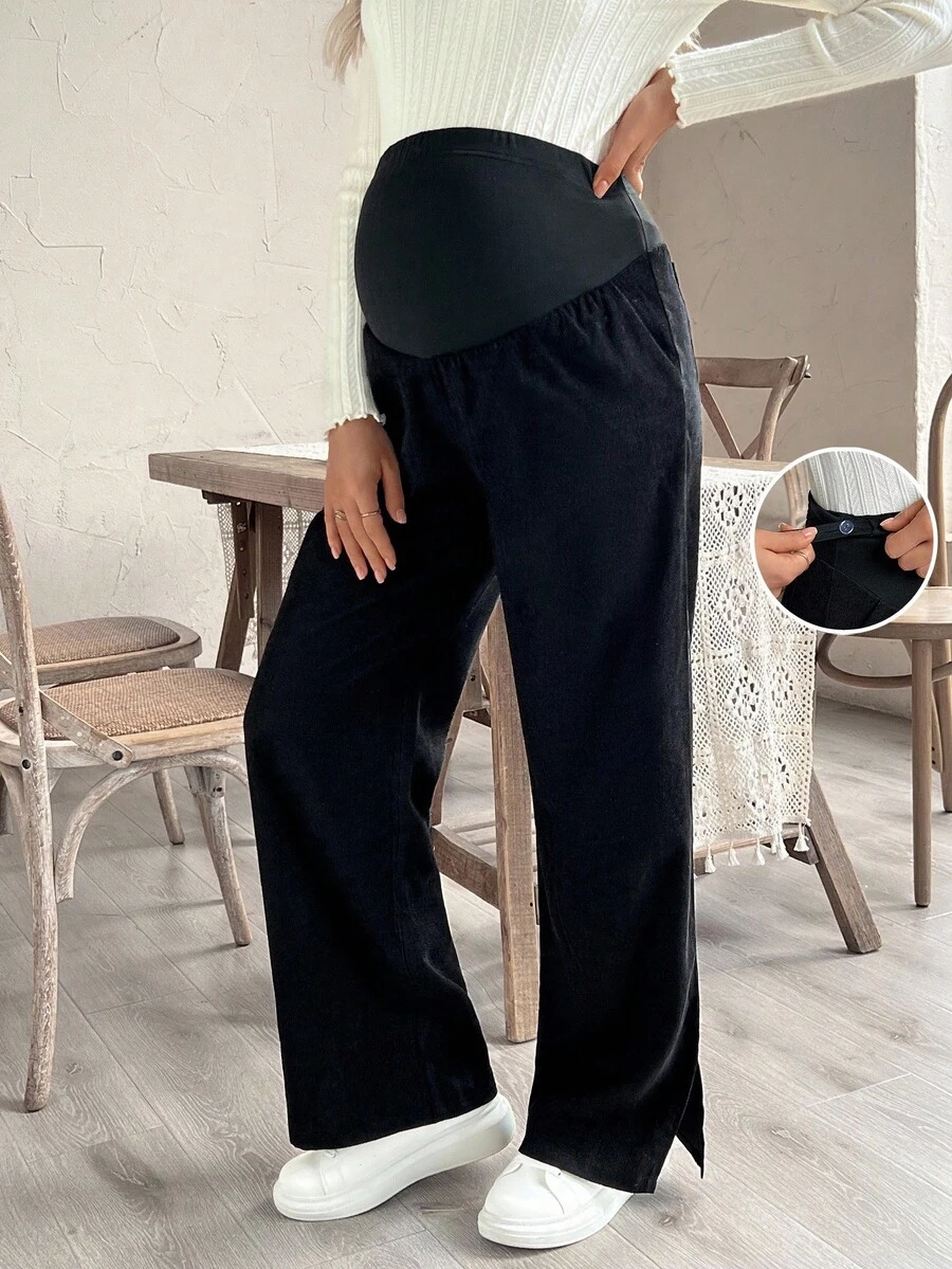 SHEIN Pantaloni sport largi pentru maternitate, culoare solidă, cu talie reglabilă, cu picior larg