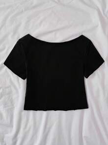 SHEIN 少女休闲皇家黑色针织标语露肩印花短款短袖修身上衣，春夏季，清凉，基本款，日常，百搭，运动时尚夏季上衣，开学季，校服~ - 黑色 - 查看 2