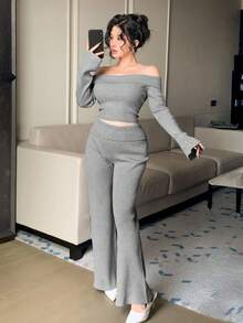 DAZY Set casual da donna a 2 pezzi, maglione a spalle scoperte e pantaloni, in colore unito, autunnale - Grigio - Visualizzare 3