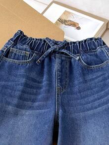 SHEIN Tween Girls' Fashion Casual Basic Simple Blue Denim Thermal Lined Loose Fit Baggy Jeans,For Girls Fall/Winter Dailywear Costume,Girls Streetwear Outfits,Girls Halloween And Christmas Outfits,Lined Jeans, Thermal Lined Jeans, Winter Jeans, Baggy Jeans, Teen Jeans - Dark Wash - View 4