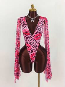 Amplova 女士豹纹深V领长袖连体衣猎豹印花 - 彩色 - 查看 7