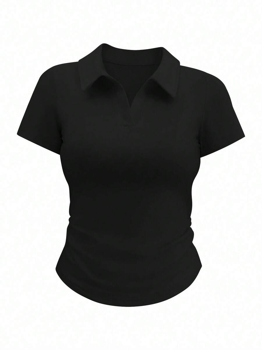 INAWLY Women's Plain Collar Short Sleeve Casual Pleated T-Shirt