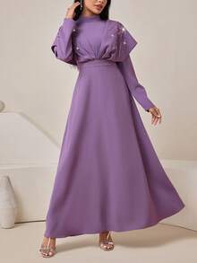 Veilorie Women's Stand Collar Sequin Design Long Sleeve Pleated Elegant Arabic Dress - Purple - View 7