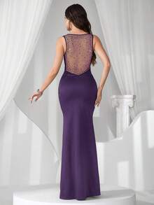 Coutiva Vestido de mujer con escote en V profundo, espalda descubierta, adornado con rhinestones y abertura de sirena - Morado oscuro - Ver 3