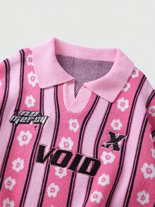 ROMWE MEN Prep 男士刺绣条纹提花针织毛衣，宽松短款，秋冬 - 粉色 - 查看 3