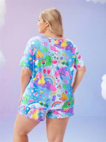 Slumberry CURVE SweetSlumber X Carebears Plus Size Women Cartoon Pattern Round Neck Short Sleeve Top And Shorts PJS Cute PJS Kawaii Pajamas Care Bear Pajamas PJS Summer Cartoon Pajamas - Multicolor - View 2