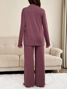 Slowluna 2 件孕妇纯色休闲长袖上衣和裤子套装高弹力睡衣勃艮第家居服女士睡衣女士孕妇套装 2 件套休闲套装女士紫色暮光 - 彩色 - 查看 2