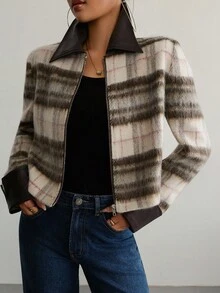 Modelyn Áo khoác giả da kẻ caro phối màu dành cho nữ, thích hợp cho các buổi đi chơi và hẹn hò vào mùa thu. - Nhiều màu - Xem 4