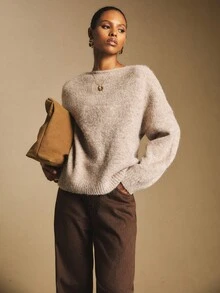 Poéselle Khaki Sweater,Women's Reversible V-Neck & Backless Tie Sweater – Soft Fuzzy Knit Pullover Top,Open Back Sweater, Backless Knit Sweater, Tie Back Jumper, Quiet Luxury Knitwear, Capsule Wardrobe Essential,Women's Casual Loose Knit Sweater With Back Tie Design And Drop Shoulder, Long Sleeve, Suitable For Autumn,Fall/Winter