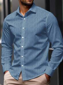 Manfinity Homme Plus Size Men's Simple Blue Long Sleeve Casual Shirt Business Casual Men Shirt Blue Dress Shirt For Men Textured Shirt Men Luxury Shirts Blue Designer Shirt, Fall